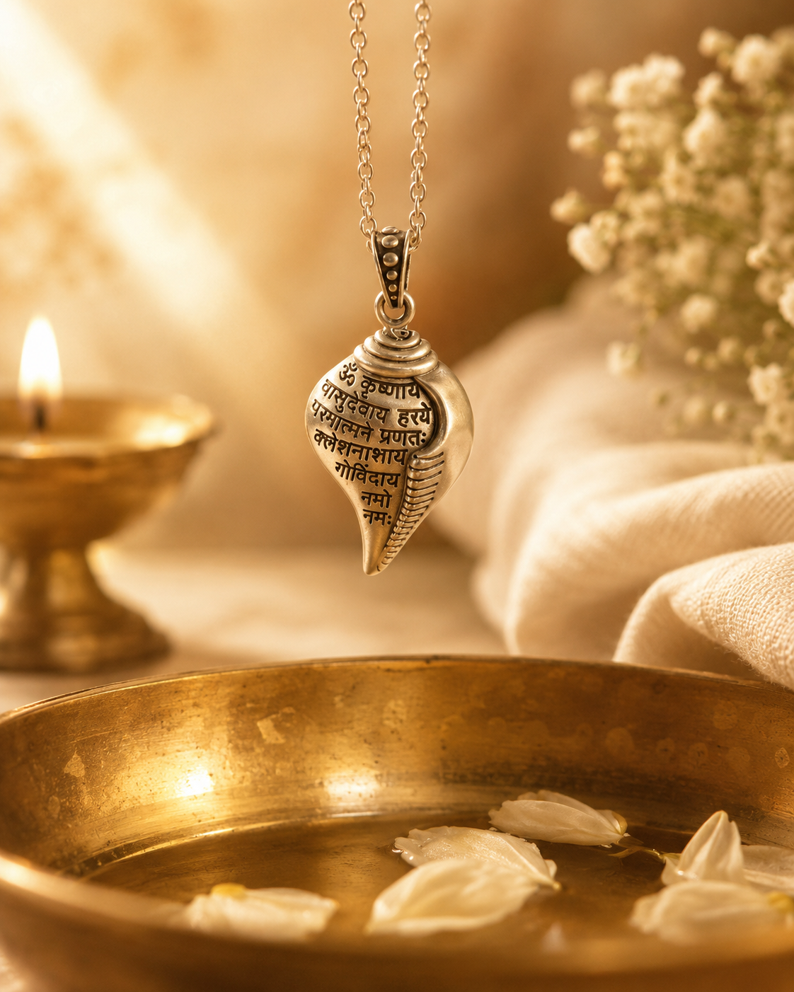 Shri Krishna Mantra Raksha Kavach Shankh (With Chain)