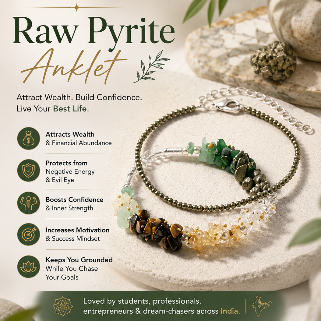 Raw Pyrite Anklet with stone beads on a natural stone surface