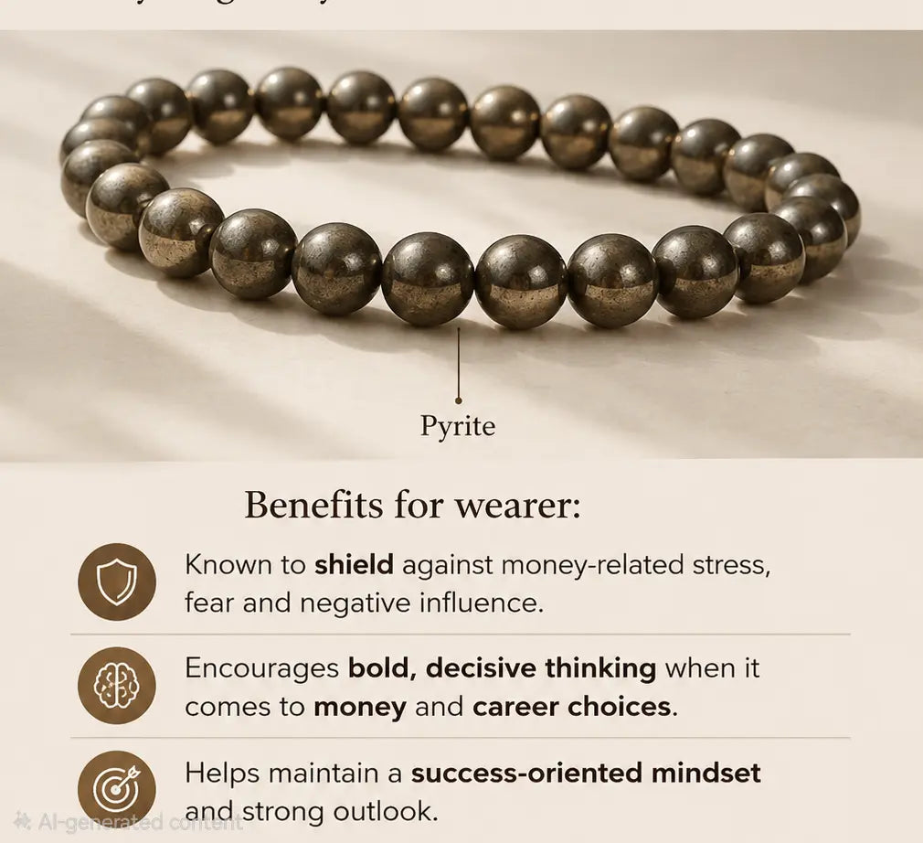 Pyrite gemstone bracelet benefits — shields against stress, boosts confidence by Maniara